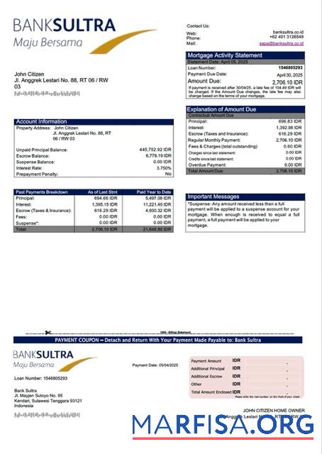 Blank Indonesia Bank Sultra mortgage statement Word and PDF template